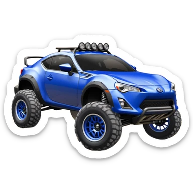 LCG Armored Dirty raced redneck jacked 2013 scion fr-s ultramarine off road 4wd monster Baja dessert stadium rock racer number 86 with long travel suspension, shiny silver wheels, exaggerated wide black fender flares and trailer  sticker