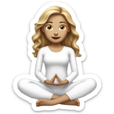 Girl Long Wavy dark Blonde hair yoga pose sitting white clothes sticker