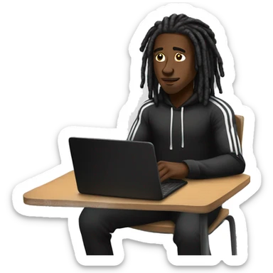 Black-guy-with-dreads-wearing-black-trackstuit-sitting-down-on-chair facing-foward-focused-on-laptop-computer- sticker