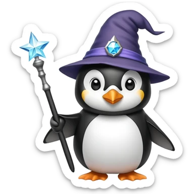 penguin wearing a wizard hat and holding a magic wand sticker
