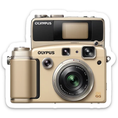 Olympus Superzoom 70G camera, beige color, vintage compact point and shoot camera with distinctive rectangular body, small viewfinder, protruding flash unit on top, and the exact silhouette of Olympus Superzoom 70G with its characteristic shape sticker