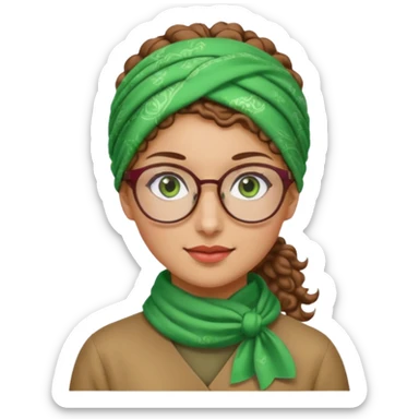 iranian woman, tight curly light brown hair in pony tail, glasses, green eyes, pretty, oval shape face sticker