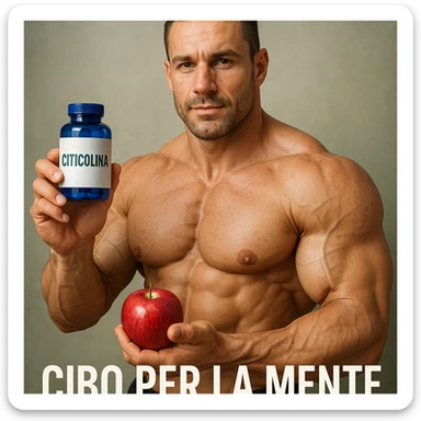 hyper realistic bodybuilder holding Citicolina and red apple, sculpted muscles, blue bottle and red apple, text 'Cibo per la mente', healthy atmosphere, realistic details sticker