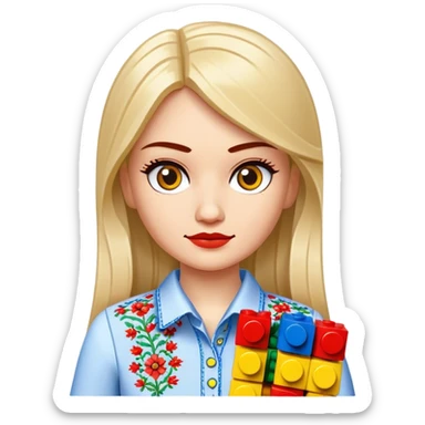A Ukrainian girl in an embroidered shirt holds Lego bricks sticker