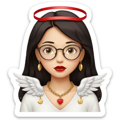 Angel girl with eyeglasses and Middle parted hair long dark hair with red lipstick  and push gold necklaces and dark eyes with withe wings sticker