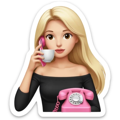 woman with straight long blond hair, gossiping on a pink analogue phone, holding a tea cup, wearing an off-shoulder black top, red face sticker