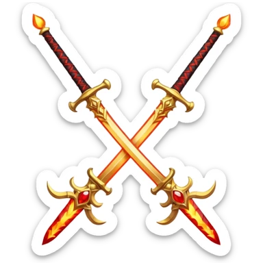 Two powerful on fire fully golden fiery royal crossed swords with red gems sticker
