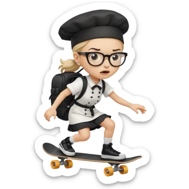 ["An angry woman with light skin, ponytail, wearing a chef hat and square glasses, dressed in goth fashion, is skateboarding while holding a backpack."] sticker