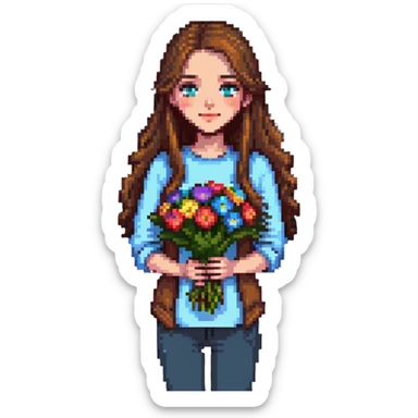 Cool girl with long brown hair holding a bouquet of flowers sticker