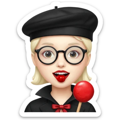Vampire with lollipop, beret and glasses, teeth looks like vampire sticker