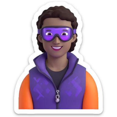 close-up of cool guy male athlete with white skin and moderately curly dark brown hair on top with shaved sides, wearing ski goggles with purple frames and very dark black lenses, winking behind the goggles, with an open mouth confident smile like a cool guy, a simple plain black chain necklace, and a completely unzipped sleeveless vest with purple and black sequin fire pattern design with no logo sticker