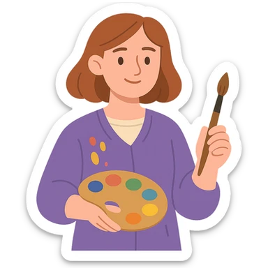 Serene female oil painter, Caucasian features, shoulder-length auburn hair, soft brown eyes, gentle smile, wearing a violet painter’s smock lightly stained with paint over a beige blouse, holding a wooden palette with vibrant colors in one hand and a brush in the other, waist-up, front-facing sticker