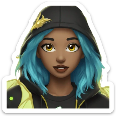 Lady with brunette and iridescent blue hair, gold, lime green dragon wings, black hoodie, bleach dyed, black and gold Nike t shirt, and bright red eyes sticker