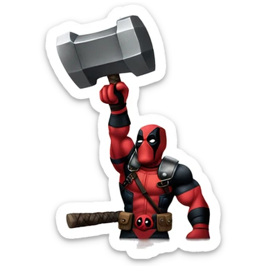 Deadpool throwing thors hammer sticker