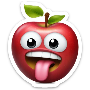 an apple with a face sticking its tongue out sticker