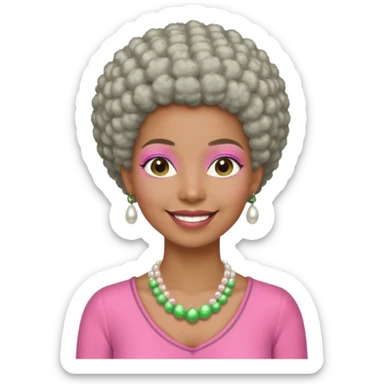 Brown woman with very short gray Afro  wearing pink and green outfit and pearl necklace  sticker