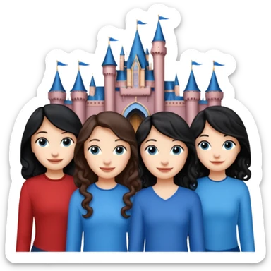 Castillo de Disney y por detrás o delante pon a quatro chicas: una con el pelo largo rizado marrón , otra con el pelo muy corto negro, como un chico, otra con el pelo mediano liso marrón con ojos azulesy otra con el pelo negro largo liso . Todos son color carne.  sticker