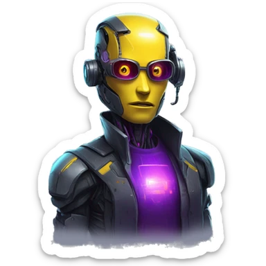 agent, laser eyes, yellow robotic face, cyberpunk, code, cyan and purple colors, only upper body portrait sticker