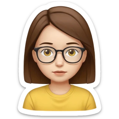 female with white skin. Shoulder length straight brown hair. Brown eyes with glasses. Female wearing baby yellow shirt. sticker