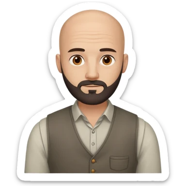 bald headed brown eyes groom with dark beard cream shirt grey vest sticker