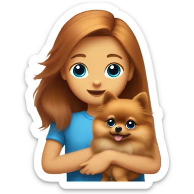 A red-haired pomeranian sits in the arms of a brown-haired girl with blue eyes sticker