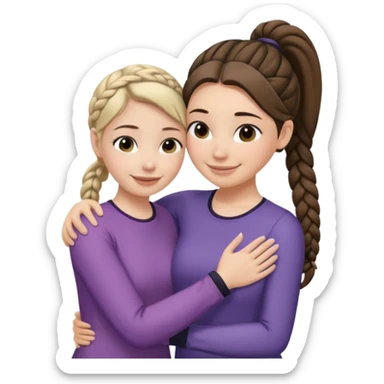 Comforting Hug two white skin women, one shorter woman with medium brown simple top ponytail, not braided, and one taller woman with a single long black side braid sticker