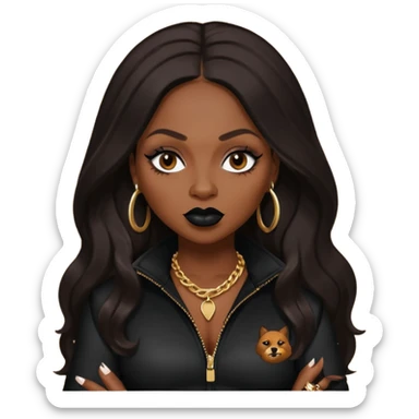 Foxy Brown, Rapper with dark brown long hair, black lip, black outfit sticker