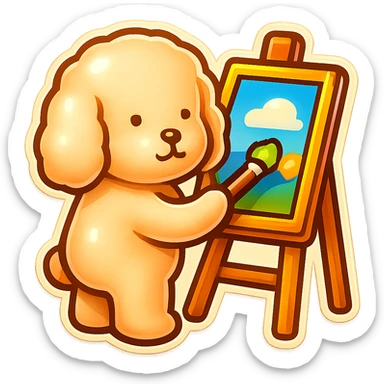 Edit the sticker of the cute dog character painting on an easel, maintaining the original retro stickers style, with a white background. sticker
