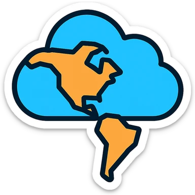 icon of a cloud merged with a map of the Americas, bold lines, minimalistic sticker