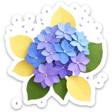 Traditional Japanese hydrangea (ajisai) flower with refined aesthetic, subtle color transitions from blue to purple, gentle raindrops, and washi paper texture background sticker