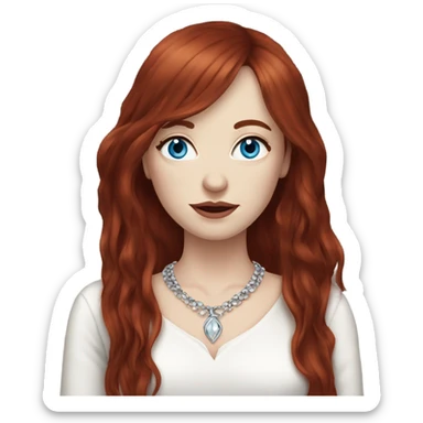woman with pale skin, blue eyes and long dark red hair with layers and fringe bangs, wearing a white top and silver jewellery sticker