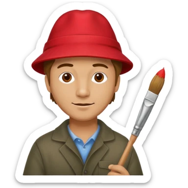 Thoughtful artist, adult man in a red hat with a paintbrush sticker