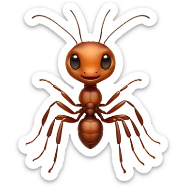 Cinematic Cute Ant Portrait Emoji, Head tilted playfully and inquisitively, featuring a minuscule, charming body with a delicately textured exoskeleton and round, sparkling eyes brimming with curious mischief, Simplified yet irresistibly adorable features, highly detailed, glowing with a warm, inviting earthy glow, high shine, affectionate and lively, stylized with a touch of whimsical industrious charm, soft glowing outline, capturing the essence of a mischievous ant that seems as if it could scurry out of the screen into your arms! sticker