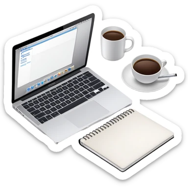 top view of a MacBook and a notebook with a pen nearby sticker