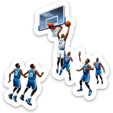 An icon showing a basketball court with players in action, inspired by NBA 2K25. A player jumps for a dunk, the ball mid-air, with the court’s floor and surrounding basketball arena visible. Bright lights highlight the excitement of the game. Transparent background. sticker