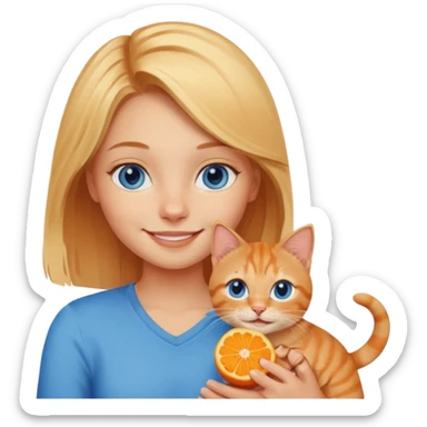blonde girl with blue eyes holding an orange tabby cat, friendly expression sticker