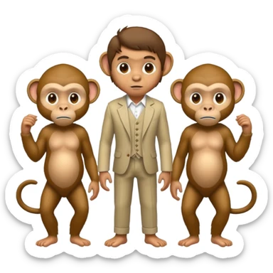 side view of two crouching monkeys and a standing man behind them, all facing the same direction, showing inheritance sticker