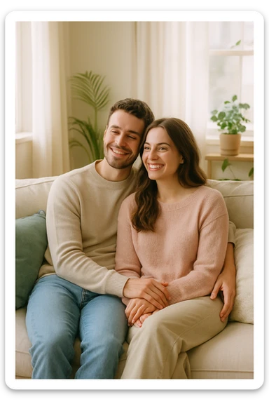 Vertical format: couple sitting together on a sofa, smiling and relaxed, room full of light, details suggesting serenity and well-being. sticker