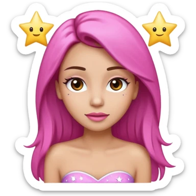 A young woman with long straight brown hair, big brown eyes, long eyeleshes,pink lips, wearing a white strappless top, in emoji style with shiny star effects in her hair sticker