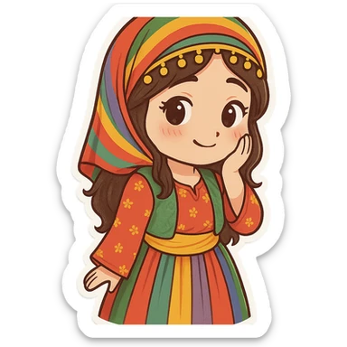 Cartoon sticker of a Kurdish woman wearing traditional colorful and cheerful Kurdish female clothing, face showing a shy expression, one hand on the face, shy smile (matching the reference pose), no shadow or color halo around the image, no text, suitable for WhatsApp and Instagram, with a completely transparent background. sticker