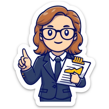 Professional economics channel mascot with shoulder-length wavy light brown hair, rectangular glasses, navy blazer, light blue shirt, holding clipboard with chart, pointing at dollar and euro symbols sticker
