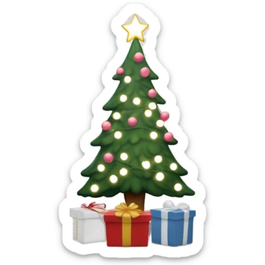 A Christmas tree with white lights and Christmas presents with light rose and white colors and patterns under neath it  sticker
