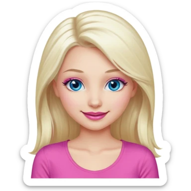 Girl with long platinum blonde hair, blue eyes, long lashes, sexy pink lips, wearing a pink top sticker
