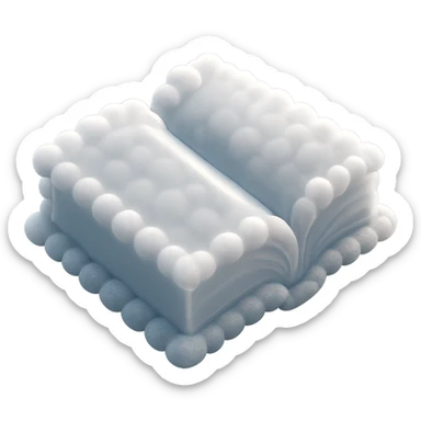 top view of a thick open book made entirely of small, very bright white fluffy convex clouds, matte glass style sticker
