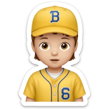 brown hair baby with yellow baseball ersey and hat sticker
