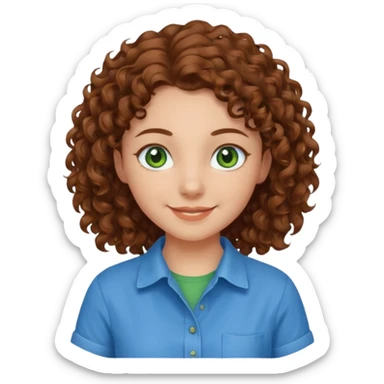 girl with brown hair, green eyes with a blue shirt no background ,young with curly hair smileing long hair not so curly and brown sticker