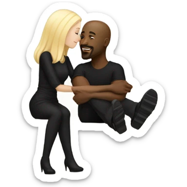 Blonde woman with blue eyes and long straight hair wearing a short black dress and a black man who is bald with a goatee seated together on a sofa enjoying a loving kiss.   sticker