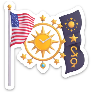flag with celestial and time-related symbols, blending Chronos and Olympian god themes, in a modern emoji style sticker