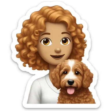 Curly haired strawberry blonde female with a bernedoodle sticker