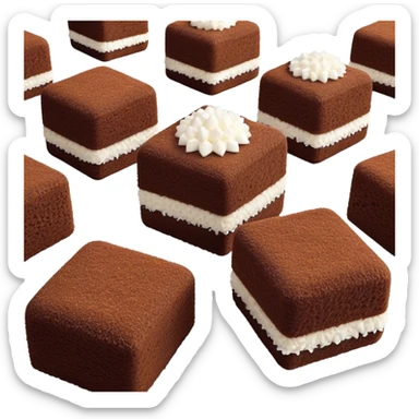 cinematic-realistic-lamingtons-dessert-emoji,-depicted-as-soft-sponge-squares-coated-in-chocolate-on all sides with coconut sprinkled on all side-rendered-with-mouth‚watering-detail-and-vibrant-lighting sticker